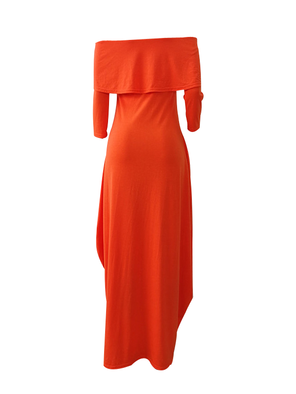 Stylish Dew Shoulder Falbala Design Orange Polyester Ankle Length Dress