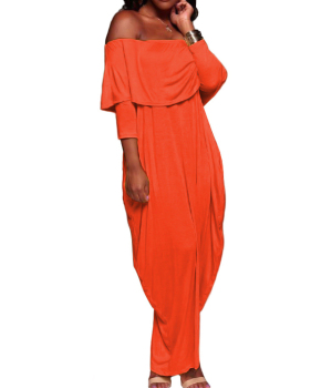 Stylish Dew Shoulder Falbala Design Orange Polyester Ankle Length Dress