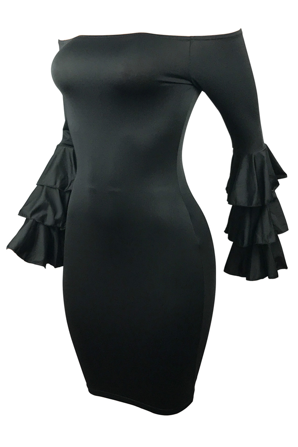 Stylish Dew Shoulder Long Sleeves Falbala Design Black Polyester Sheath Knee Length Dress