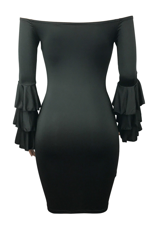 Stylish Dew Shoulder Long Sleeves Falbala Design Black Polyester Sheath Knee Length Dress