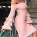 Stylish Dew Shoulder Long Sleeves Falbala Design Pink Polyester Sheath Knee Length Dress