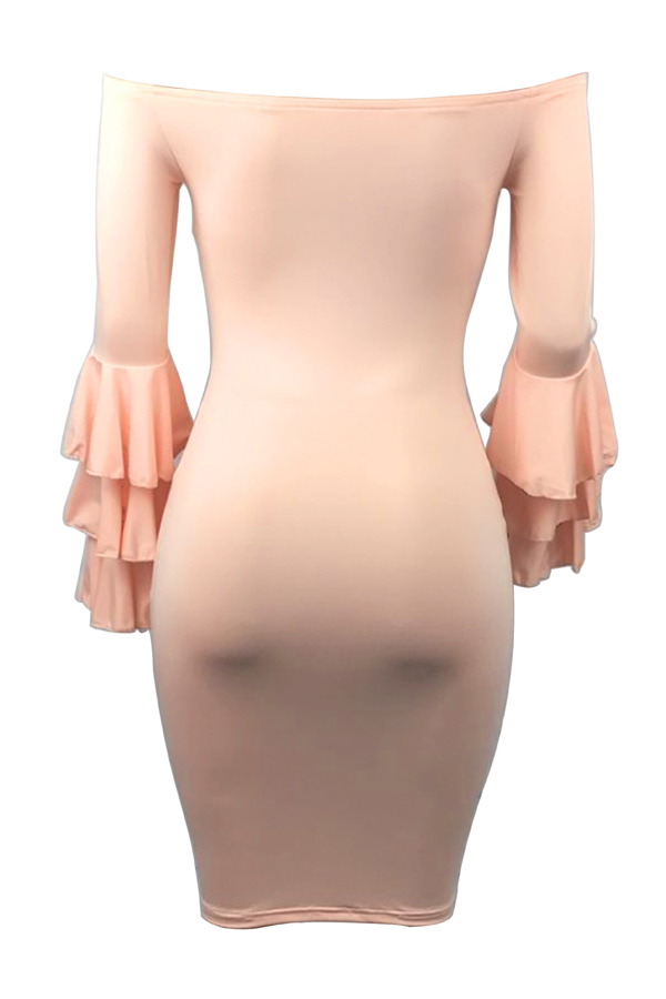 Stylish Dew Shoulder Long Sleeves Falbala Design Pink Polyester Sheath Knee Length Dress