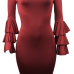 Stylish Dew Shoulder Long Sleeves Falbala Design Wine Red Polyester Sheath Knee Length Dress