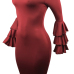 Stylish Dew Shoulder Long Sleeves Falbala Design Wine Red Polyester Sheath Knee Length Dress