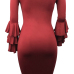 Stylish Dew Shoulder Long Sleeves Falbala Design Wine Red Polyester Sheath Knee Length Dress