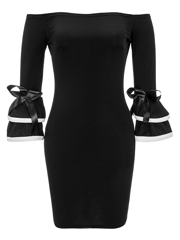 Stylish Dew Shoulder Long Sleeves Patchwork Black Polyester Sheath Mini Dress