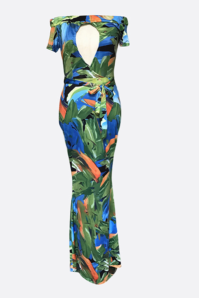 Stylish Dew Shoulder Printed Milk Fiber Sheath Floor Length Dress(Non Positioning Printing)