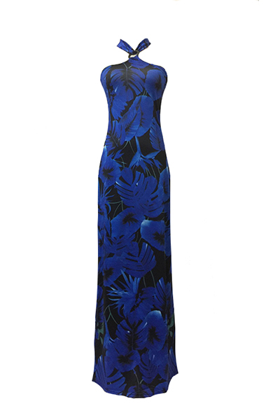 Stylish Halter Neck Sleeveless Navy Blue Milk Fiber Floor length Dress