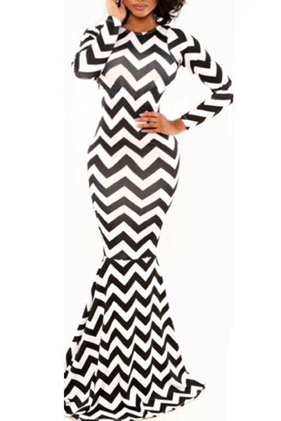 Stylish O Neck Long Sleeves Wavy Striped Black Polyester Mermaid Floor Length Bandage Dress