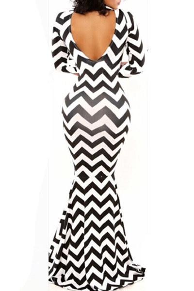 Stylish O Neck Long Sleeves Wavy Striped Black Polyester Mermaid Floor Length Bandage Dress