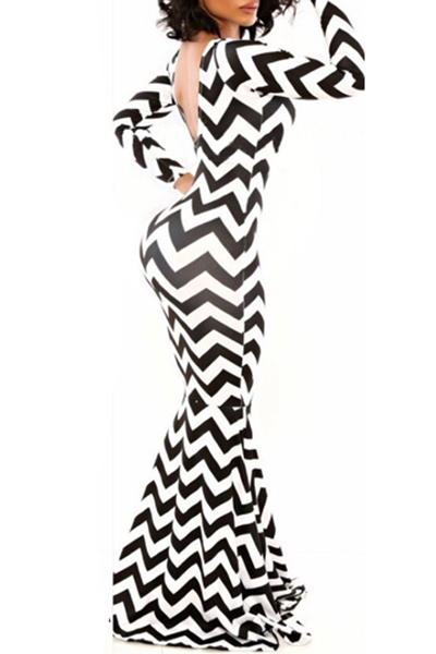 Stylish O Neck Long Sleeves Wavy Striped Black Polyester Mermaid Floor Length Bandage Dress