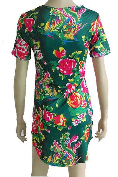 Stylish O Neck Short Sleeves Floral Print Green Polyester Sheath Mini Shirt Dress