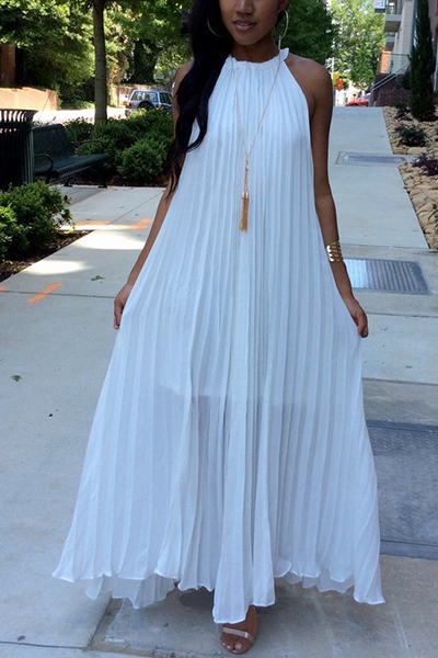 Stylish Round Neck Dew Shoulder Sleeveless White Chiffon Floor Length Dress(Without Accessories)