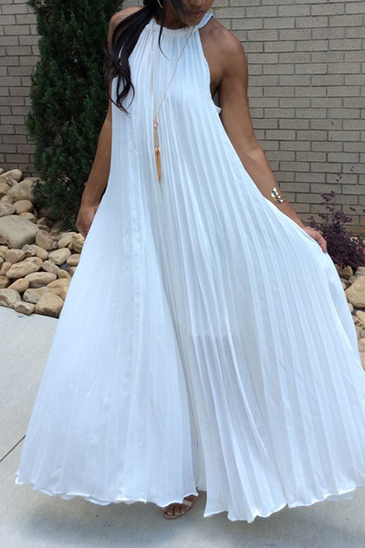 Stylish Round Neck Dew Shoulder Sleeveless White Chiffon Floor Length Dress(Without Accessories)