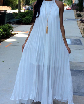 Stylish Round Neck Dew Shoulder Sleeveless White Chiffon Floor Length Dress(Without Accessories)