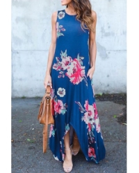 Stylish Round Neck Floral Print Blue Polyester Ankle Length Dress(Non Positioning Printing)