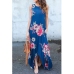 Stylish Round Neck Floral Print Blue Polyester Ankle Length Dress(Non Positioning Printing)