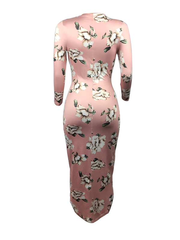 Stylish Round Neck Non Positioning Printing Sheath Mid Calf Dress