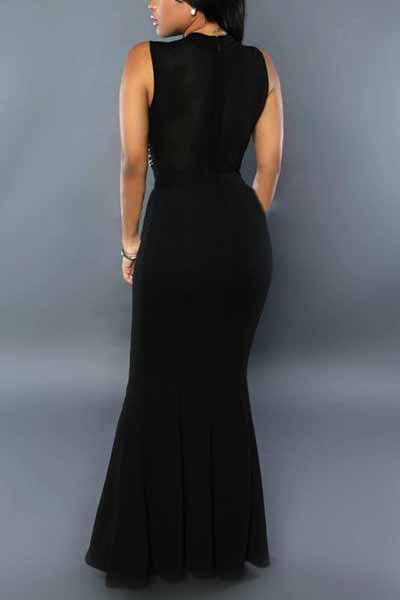 Stylish Round Neck Sleeveless Rhinestone Decorative Black Milk Fiber Sheath Ankle Length Dress