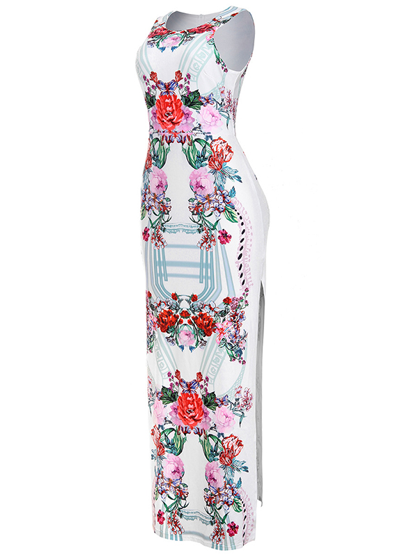 Stylish Round Neck Spaghetti Strap Sleeveless Floral Print Qmilch Sheath Ankle Length Dress