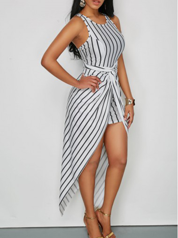 Stylish Round Neck Striped White Polyester Sheath Ankle Length Dress