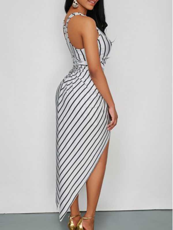 Stylish Round Neck Striped White Polyester Sheath Ankle Length Dress