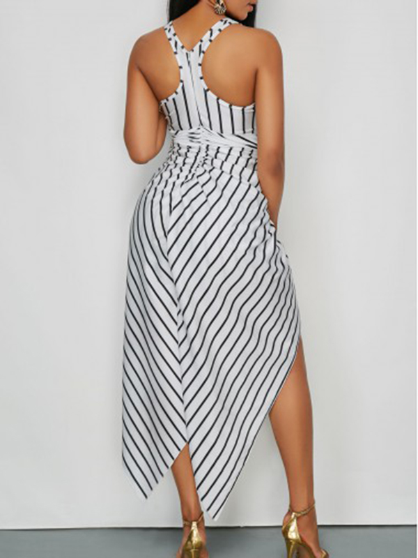 Stylish Round Neck Striped White Polyester Sheath Ankle Length Dress