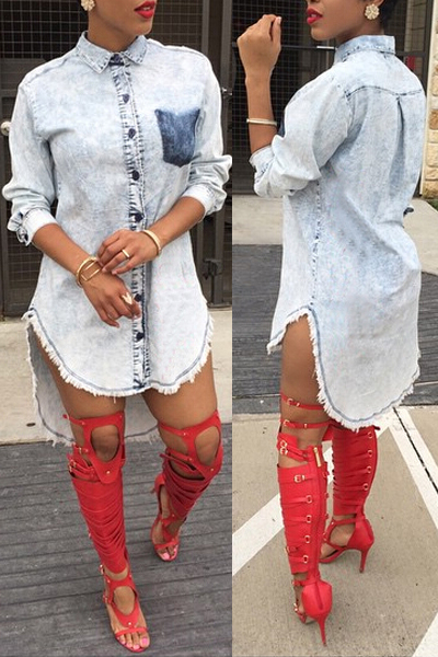 Stylish Turndown Collar Long Sleeves Single-breasted Asymmetrical Blue Denim A Line Mini Shirt Dress