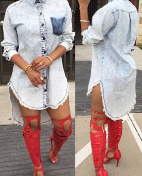 Stylish Turndown Collar Long Sleeves Single-breasted Asymmetrical Blue Denim A Line Mini Shirt Dress