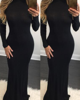 Stylish Turtleneck Long Sleeves Black Polyester Mermaid Floor length Dress