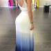 Stylish V Neck Backless White Blue Milk Fiber Ankle Length Dress