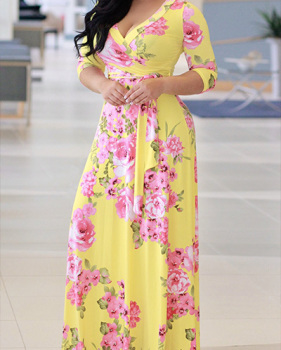 Stylish V Neck Half Sleeves Floral Print Yellow Milk Fiber Floor Length Dress