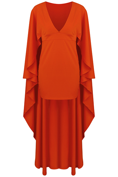 Stylish V Neck Long Sleeves Patchwork Orange Twilled Satin Ankle Length Dress