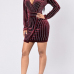 Stylish V Neck Long Sleeves Rhinestone Decorative Wine Red Velvet Sheath Mini Dress