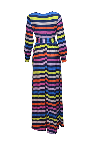 Stylish V Neck Long Sleeves Striped Printed Milk Fiber Ankle Length Dress