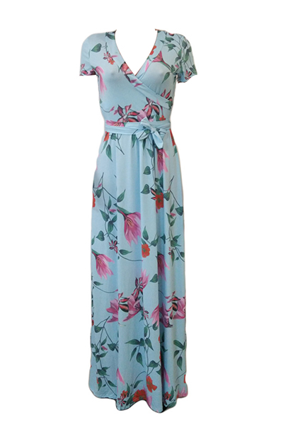 Stylish V Neck Short Sleeves Floral Print Blue Milk Fiber Ankle Length Dress(Non Positioning Printing)