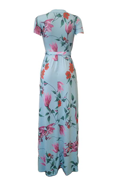 Stylish V Neck Short Sleeves Floral Print Blue Milk Fiber Ankle Length Dress(Non Positioning Printing)