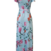 Stylish V Neck Short Sleeves Floral Print Blue Milk Fiber Ankle Length Dress(Non Positioning Printing)