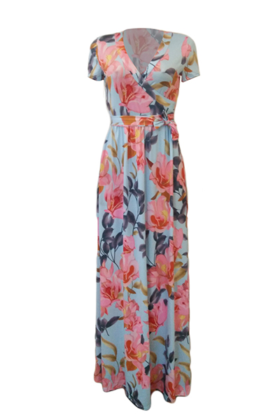 Stylish V Neck Short Sleeves Floral Print Milk Fiber Sheath Ankle Length Dress(Non Positioning Printing)