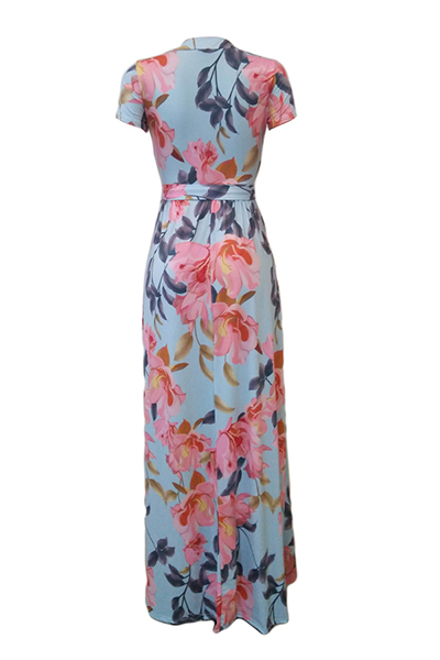 Stylish V Neck Short Sleeves Floral Print Milk Fiber Sheath Ankle Length Dress(Non Positioning Printing)