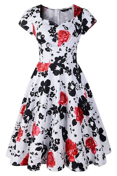 Stylish V Neck Short Sleeves Floral Print Red Cotton Blend Ball Gown Knee Length Dress