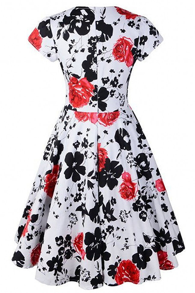 Stylish V Neck Short Sleeves Floral Print Red Cotton Blend Ball Gown Knee Length Dress