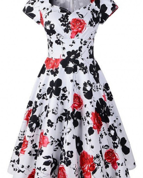 Stylish V Neck Short Sleeves Floral Print Red Cotton Blend Ball Gown Knee Length Dress