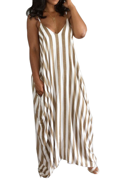 Stylish V Neck Sleeveless Striped Blending Ankle Length Dress