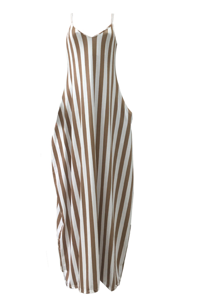 Stylish V Neck Sleeveless Striped Blending Ankle Length Dress