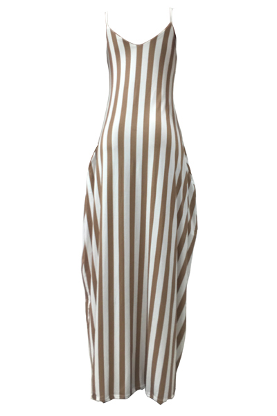 Stylish V Neck Sleeveless Striped Blending Ankle Length Dress