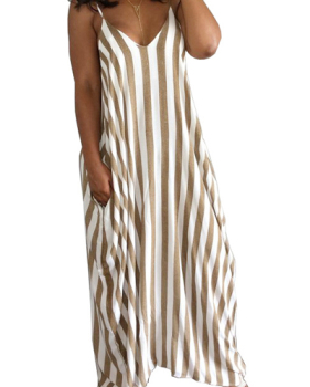 Stylish V Neck Sleeveless Striped Blending Ankle Length Dress