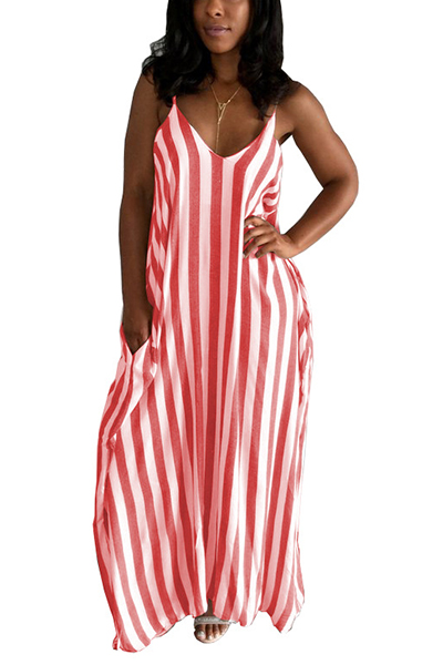 Stylish V Neck Striped Red Blending Ankle Length Dress