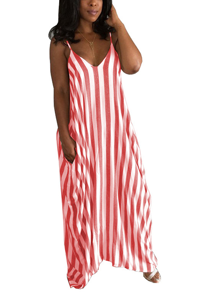 Stylish V Neck Striped Red Blending Ankle Length Dress