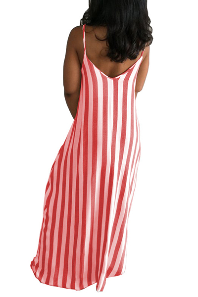 Stylish V Neck Striped Red Blending Ankle Length Dress